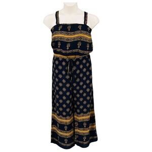 Anthro By Together Jumpsuit Women's Sz Medium Aztec Bohemian Navy Gold Floral